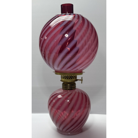 Antique Cranberry Swirl Opalescent Miniature Oil Lamp Red Hurricane Scarce As-Is - Picture 1 of 16